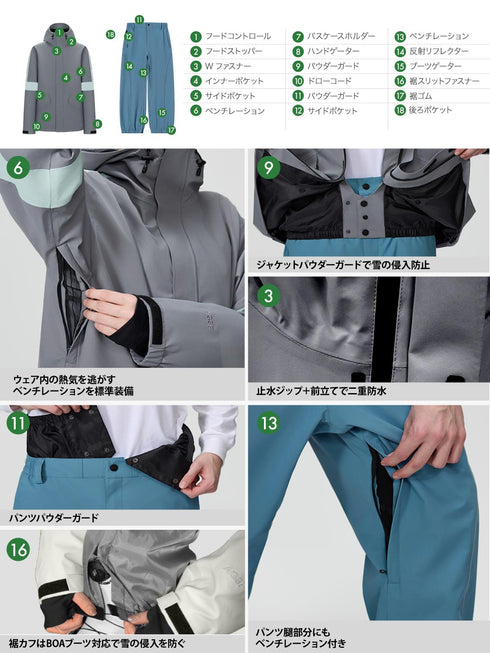 【OUTLET】ASHGREEM スノーボードウェア 上下セット 3レイヤー アーム切替ジャケット パイピングパンツ | AG-35SET