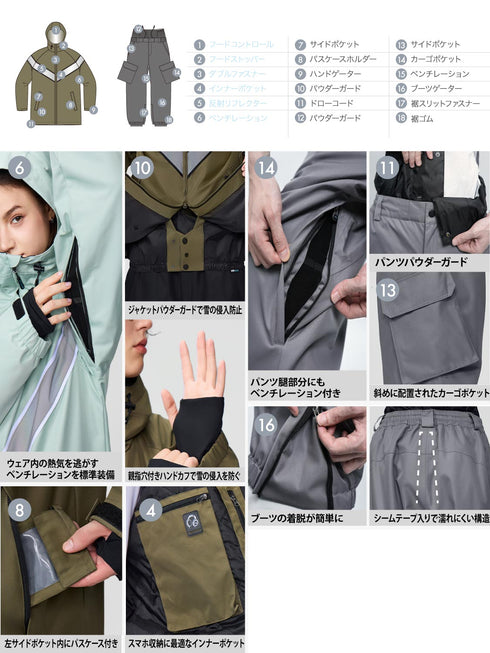 【OUTLET】ASHGREEM スノーボードウェア 上下セット Vラインリフレクタージャケット カーゴパンツ | AG-24SET