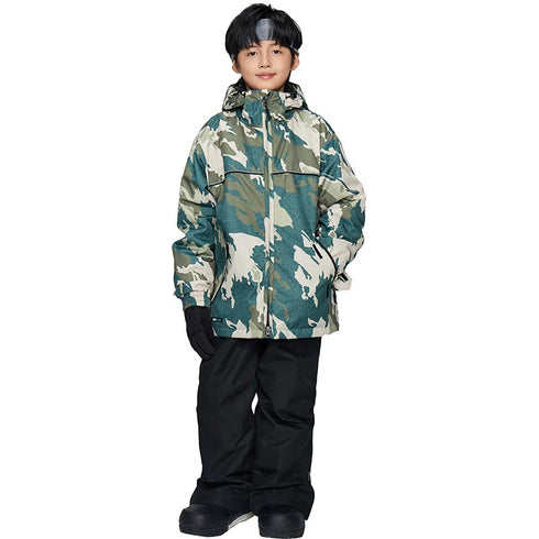 【OUTLET】ASHGREEM スノーボードウェア 上下セット ジュニア プリントジャケット サスペンダーパンツ | AJR-51SET
