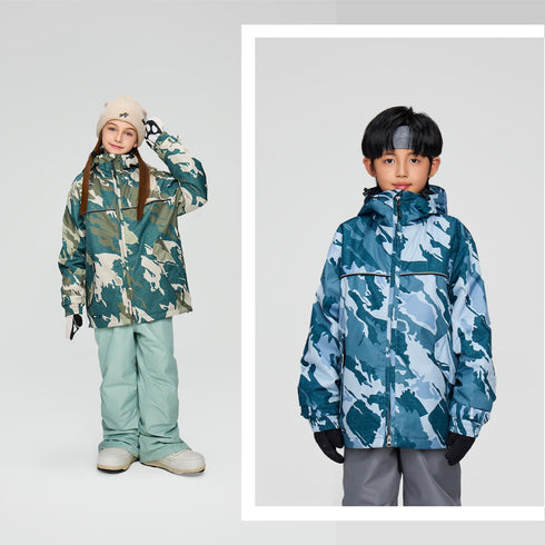 【OUTLET】ASHGREEM スノーボードウェア 上下セット ジュニア プリントジャケット サスペンダーパンツ | AJR-51SET