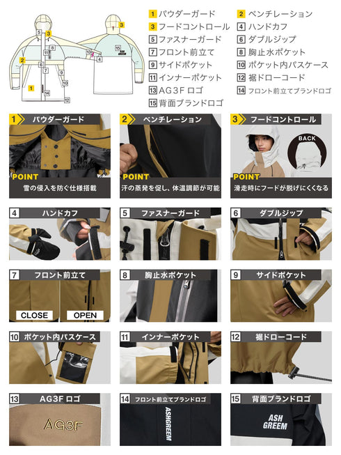 ASHGREEM スノーボードウェア 3レイヤー ブロックジャケット 切り返しパンツ | AG-40SET