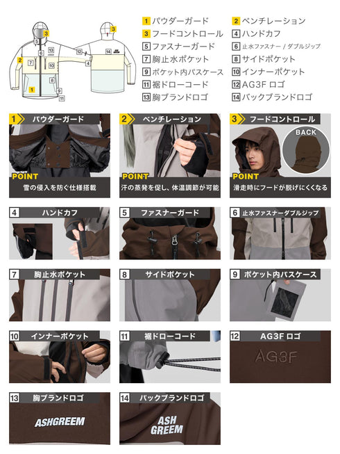 ASHGREEM スノーボードウェア 上下セット 3レイヤー 3色ジャケット パイピングパンツ | AG-45SET