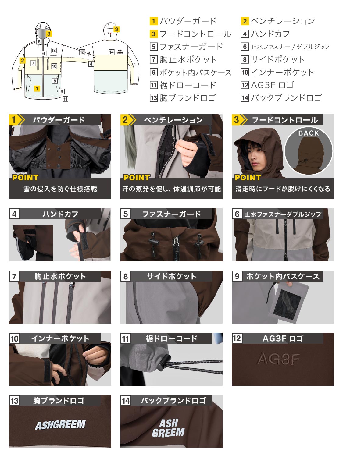 【10月下旬より順次発送】アッシュグリーム ウェア スノーボードウェア 3色切替 ジャケット 単品 3レイヤー AGJ3L-211NW 耐水圧30000mm 防水 透湿 スノーウェア スノボウェア スキーウェア メンズ レディース ASHGREEM