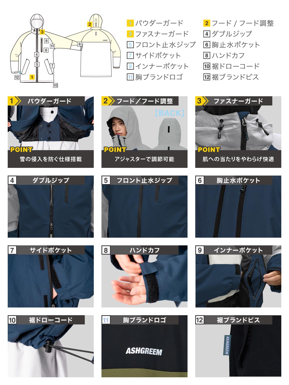 【10月下旬より順次発送】アッシュグリーム ウェア スノーボードウェア ラグラン切替 ジャケット 単品 2レイヤー AGJ-1265 耐水圧16000mm 防水 透湿 スノーウェア スノボウェア スキーウェア メンズ レディース ASHGREEM