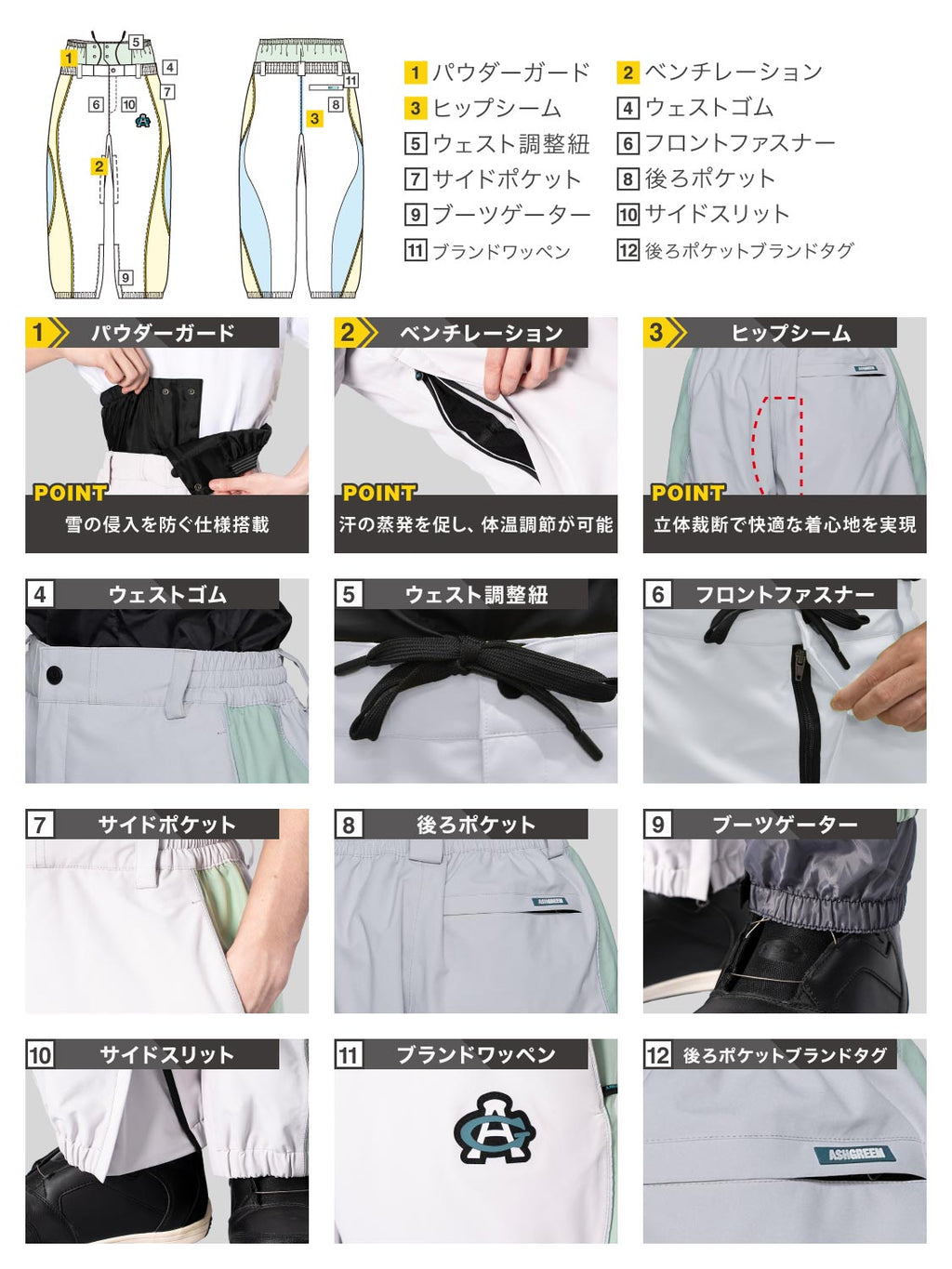 【10月下旬より順次発送】アッシュグリーム ウェア スノーボードウェア ウェーブ切替 パンツ 単品 3レイヤー AGP3L-234 耐水圧30000mm 防水 透湿 スノーウェア スノボウェア スキーウェア メンズ レディース ASHGREEM