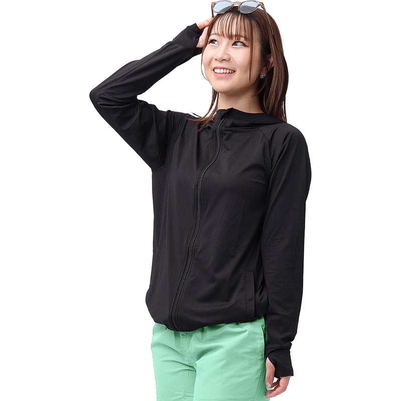 ラッシュガード レディース 涼感素材 吸水速乾 UVパーカー 長袖 アウトドア シンプル 体型カバー フード付き ロング丈UVパーカー AGUV-200W