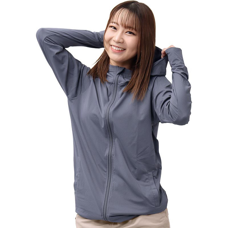 ラッシュガード レディース 涼感素材 吸水速乾 UVパーカー 長袖 アウトドア シンプル 体型カバー フード付き ロング丈UVパーカー AGUV-200W