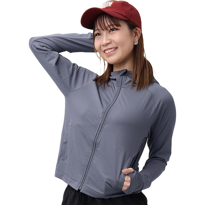 ラッシュガード レディース 涼感素材 吸水速乾 UVパーカー 長袖 アウトドア シンプル フード付き ショート丈UVパーカー AGUV-205W