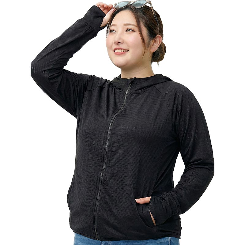 ラッシュガード レディース 大きめサイズ 冷感素材 吸水速乾 UVパーカー 長袖 アウトドア シンプル フード付き UVパーカー AGUV-2000QN